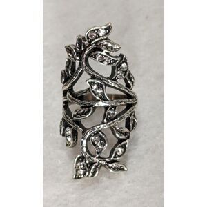 Bohemian Vines Leaves Rhinestones Silver Tone Ring Size 6.5
